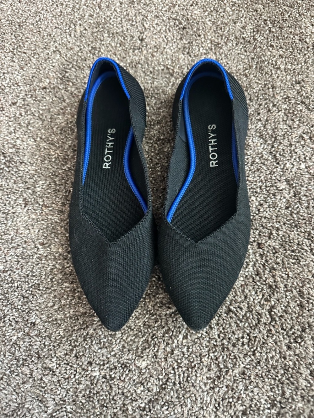 Rothy's Black Pointed Knit Flats with Blue Accent